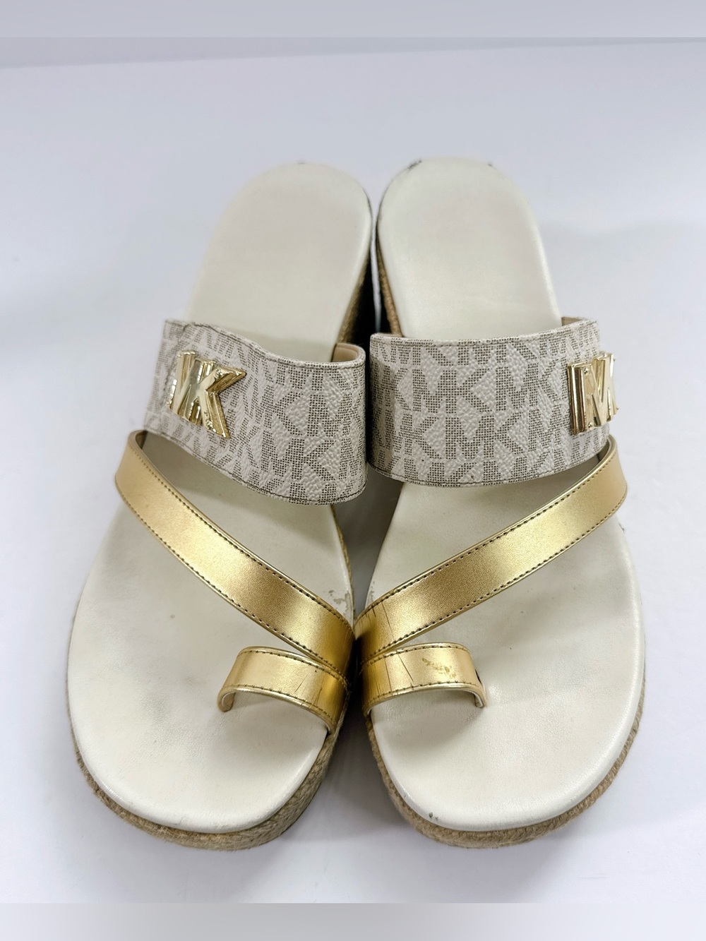 Michael Kors Gold Espadrille Wedge Sandals MK Toe Loop Slide Women’s Size 6.5M